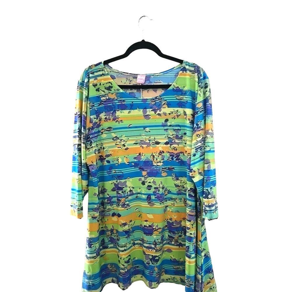 Flirty Pink Green Floral Striped Colorful 3/4 Sleeve Tunic‎ Top Womans Size 3x